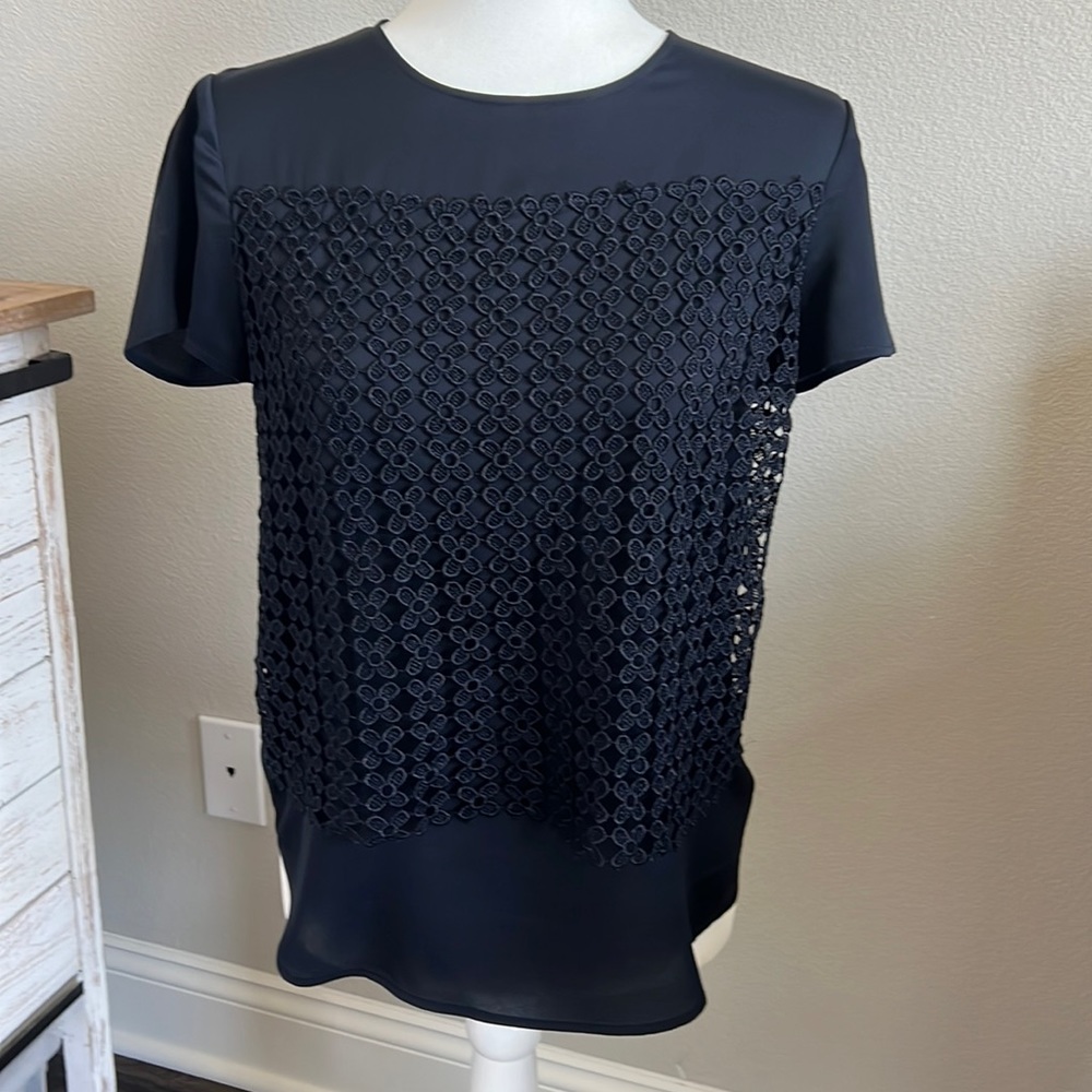 Ann Taylor Navy Lace Overlay Blouse